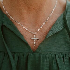 Sterling Silver white opal cross necklace from Goldie Lew